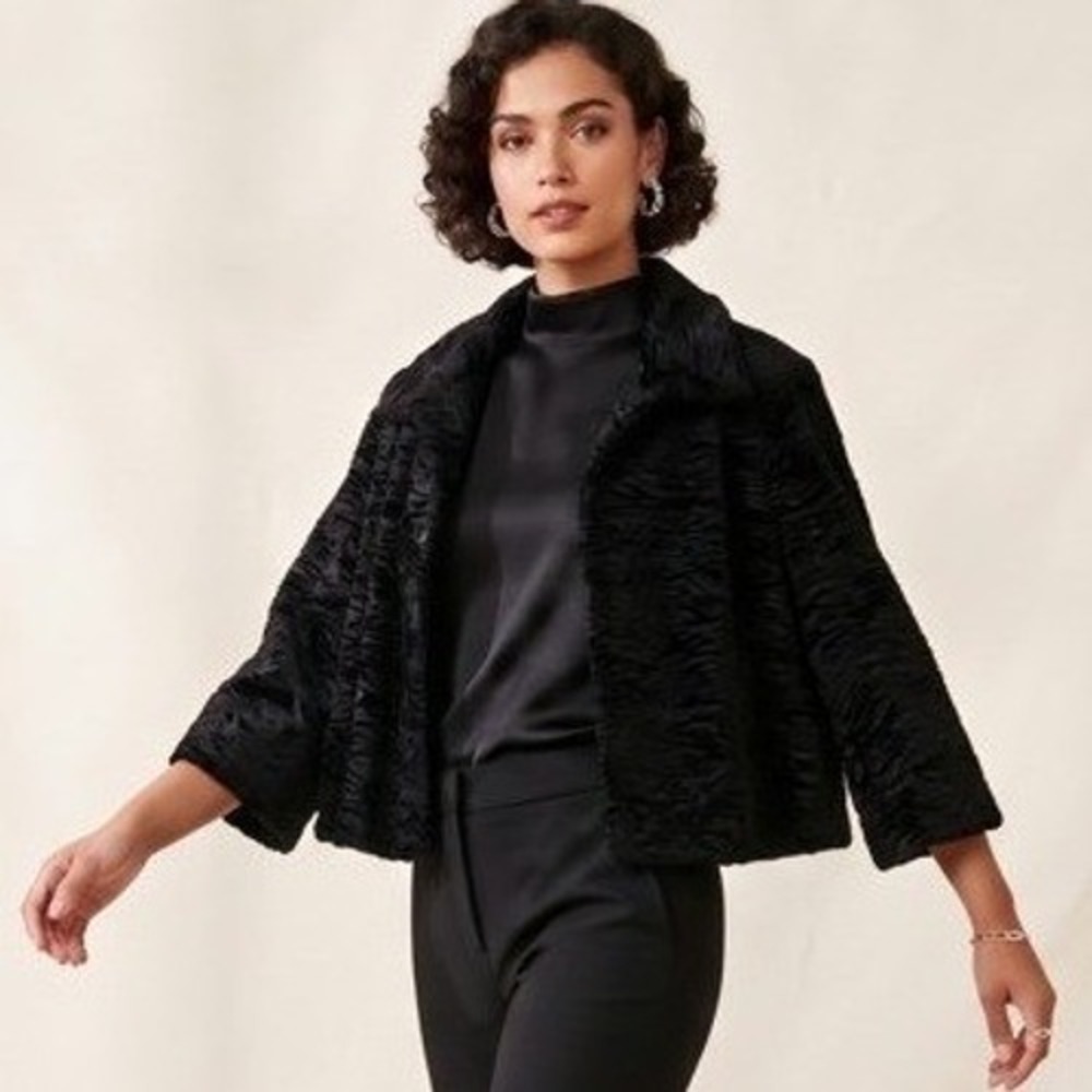 Chicos Faux Persian Lamb Fur Jacket Black Textured Swing Coat Size 3 XL